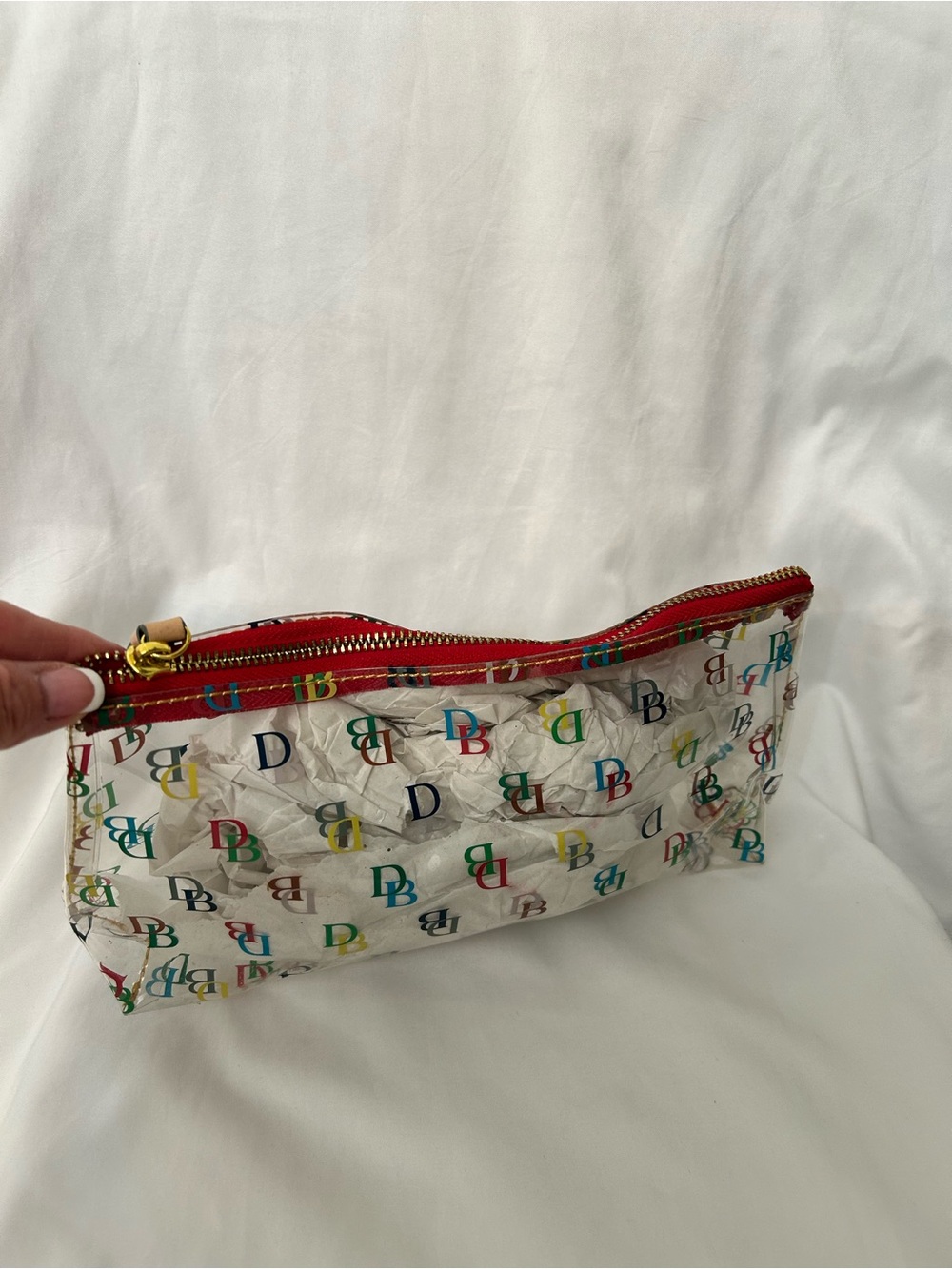 Dooney & Bourke Clear Cosmetic Pouch with Multicolor DB Print and Red Trim - Picture 2 of 7